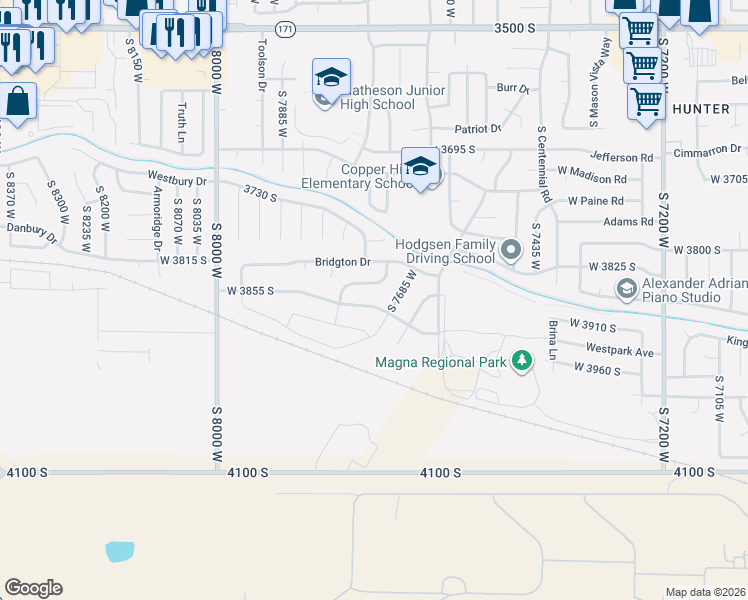 map of restaurants, bars, coffee shops, grocery stores, and more near 7712 West 3855 South in Magna