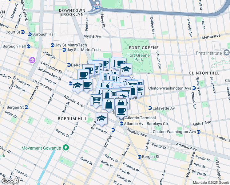 map of restaurants, bars, coffee shops, grocery stores, and more near 657 Fulton Street in Brooklyn