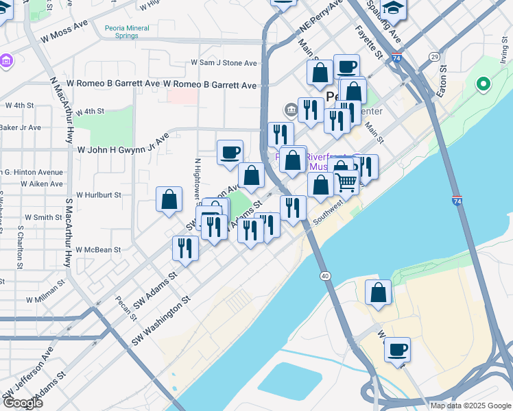 map of restaurants, bars, coffee shops, grocery stores, and more near 625 Southwest Adams Street in Peoria