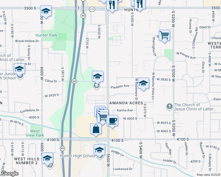 map of restaurants, bars, coffee shops, grocery stores, and more near 5583 Paulette Avenue in West Valley City