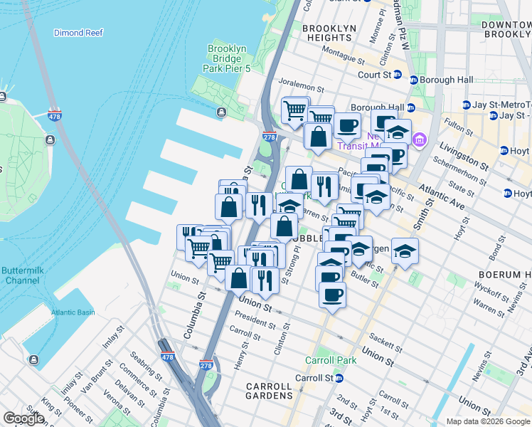 map of restaurants, bars, coffee shops, grocery stores, and more near 447 Hicks Street in Brooklyn