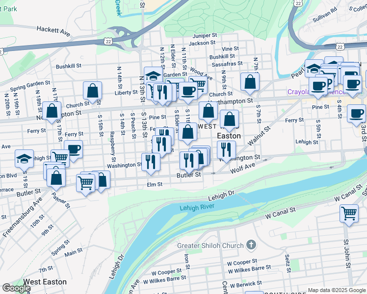 map of restaurants, bars, coffee shops, grocery stores, and more near 1115 Lehigh Street in Easton