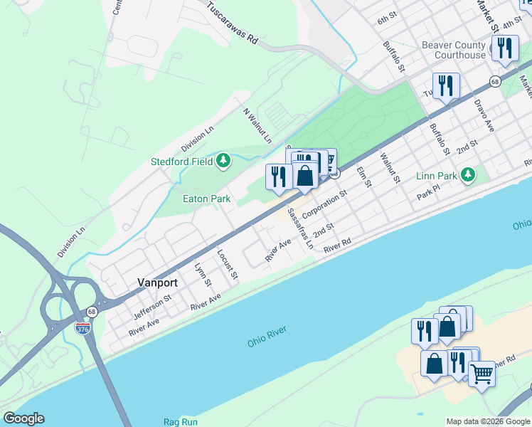map of restaurants, bars, coffee shops, grocery stores, and more near 241 State Avenue in Beaver