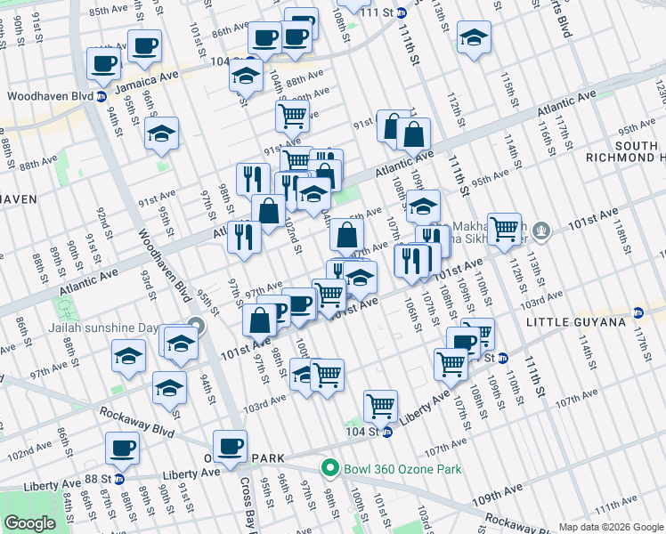 map of restaurants, bars, coffee shops, grocery stores, and more near 103-02 97th Avenue in Queens