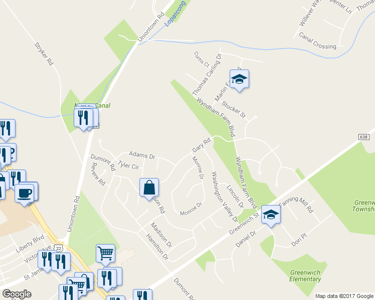 map of restaurants, bars, coffee shops, grocery stores, and more near 1831 Gary Road in Stewartsville
