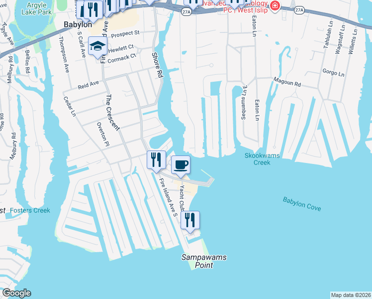 map of restaurants, bars, coffee shops, grocery stores, and more near 15 Salt Meadow Road in Babylon