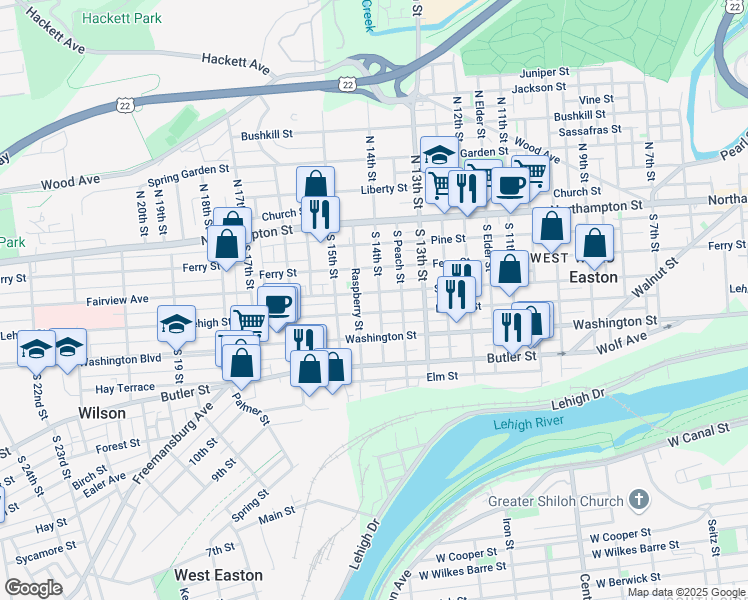 map of restaurants, bars, coffee shops, grocery stores, and more near 1343 Lehigh Street in Easton