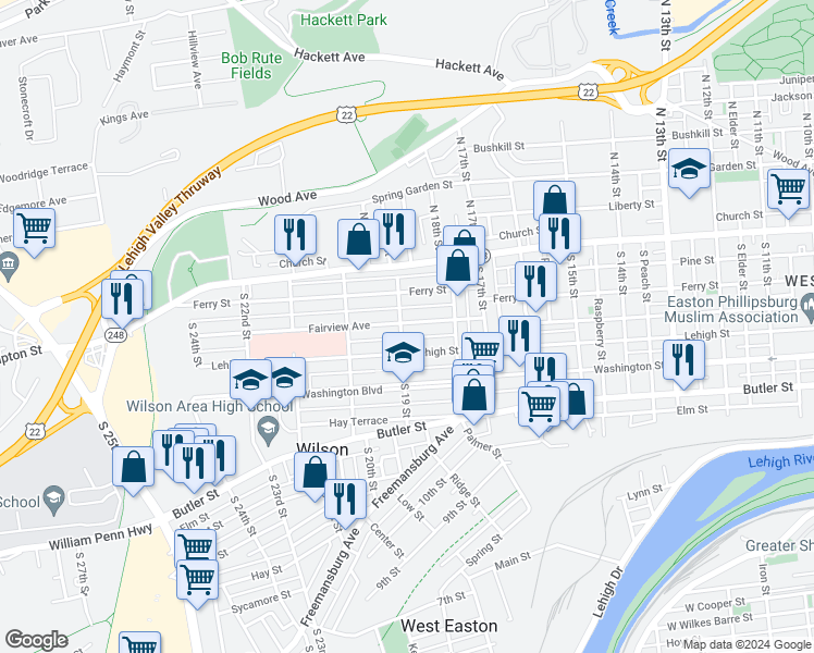 map of restaurants, bars, coffee shops, grocery stores, and more near 1852 Fairview Avenue in Easton