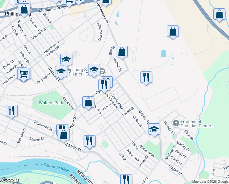 map of restaurants, bars, coffee shops, grocery stores, and more near 452 Thomas Street in Phillipsburg