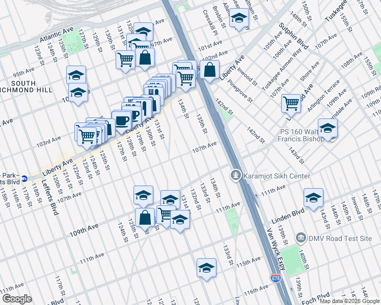 map of restaurants, bars, coffee shops, grocery stores, and more near 107-27 135th Street in Queens