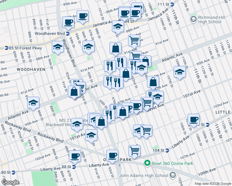 map of restaurants, bars, coffee shops, grocery stores, and more near 95-11 97th Street in Queens