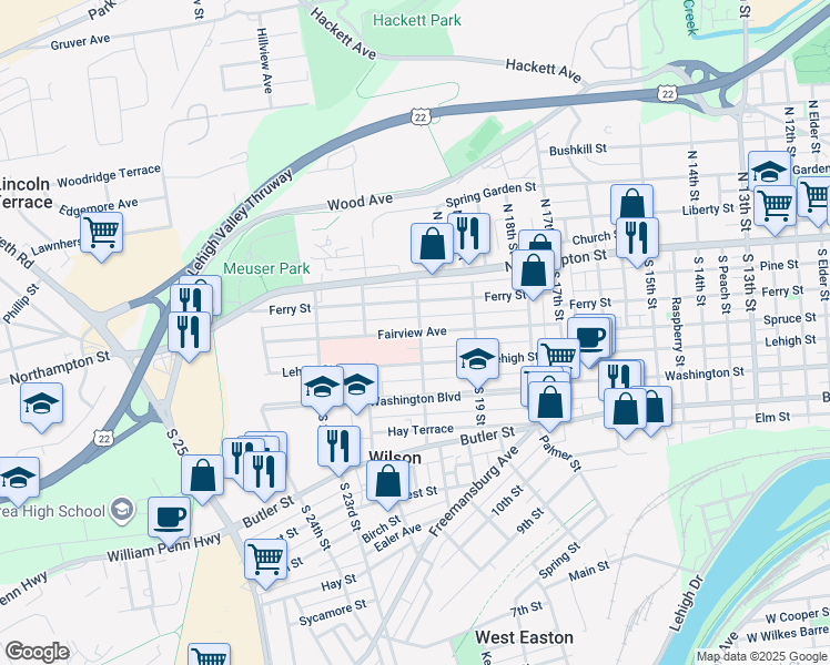 map of restaurants, bars, coffee shops, grocery stores, and more near in Easton
