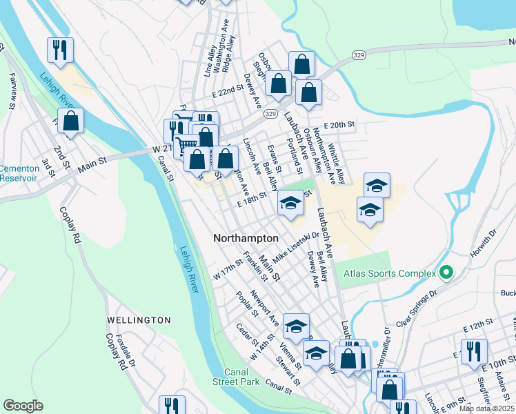 map of restaurants, bars, coffee shops, grocery stores, and more near 1745 Washington Avenue in Northampton