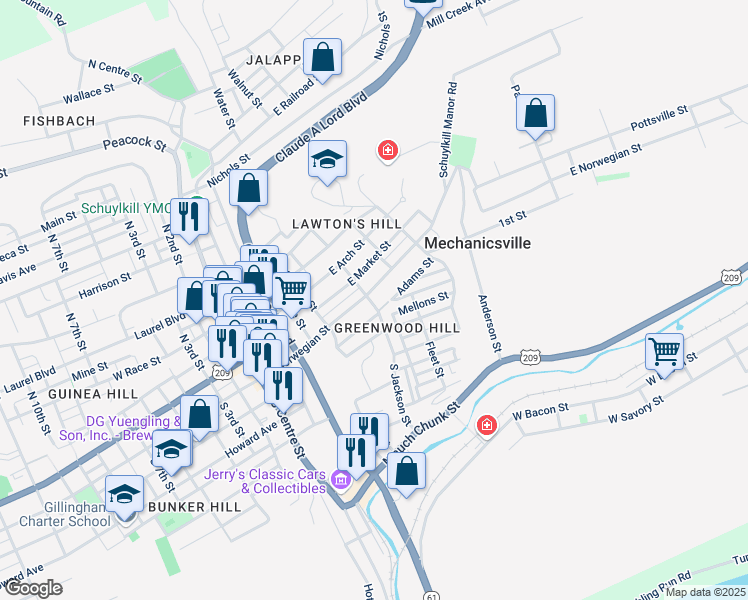map of restaurants, bars, coffee shops, grocery stores, and more near 12 South Jackson Street in Pottsville