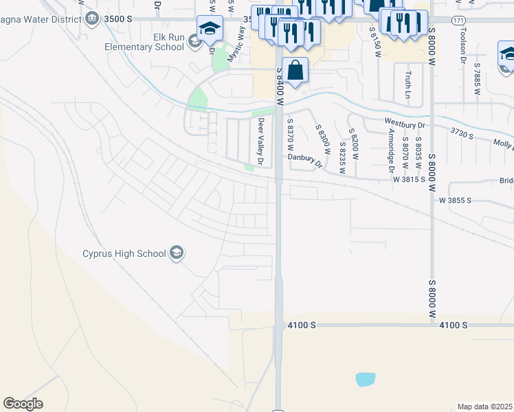 map of restaurants, bars, coffee shops, grocery stores, and more near 8457 Loveridge Drive in Magna