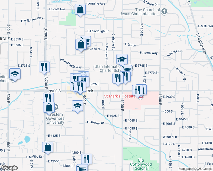 map of restaurants, bars, coffee shops, grocery stores, and more near 1020 East 3825 South in Salt Lake City