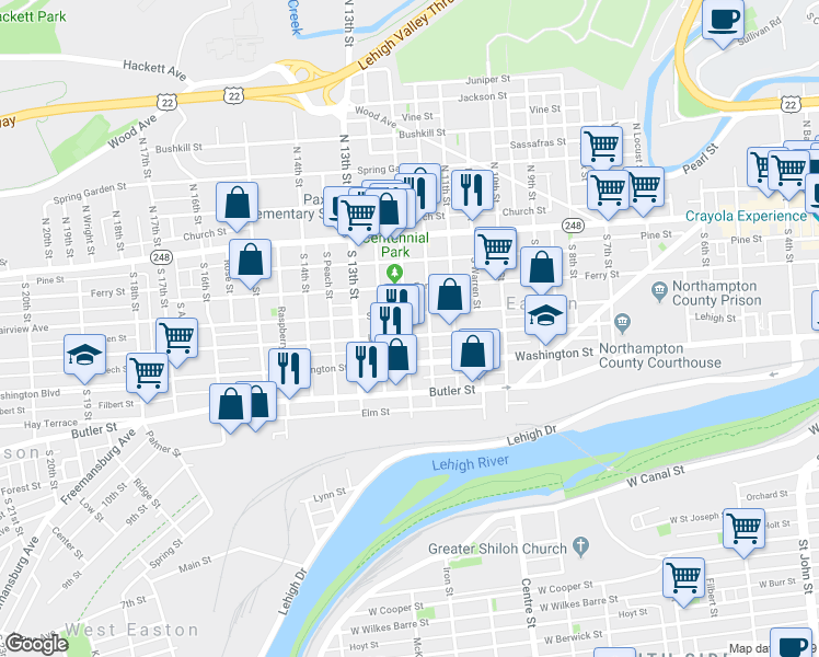 map of restaurants, bars, coffee shops, grocery stores, and more near 1163 Lehigh Street in Easton
