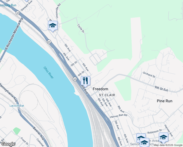 map of restaurants, bars, coffee shops, grocery stores, and more near 601 Mine Street in Freedom