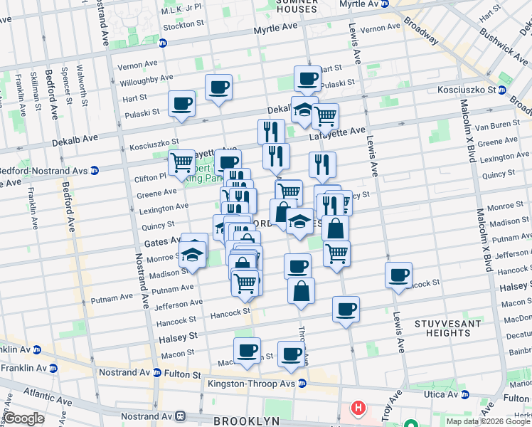 map of restaurants, bars, coffee shops, grocery stores, and more near 450 Quincy Street in Brooklyn