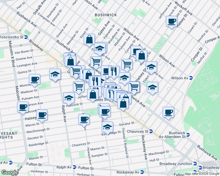 map of restaurants, bars, coffee shops, grocery stores, and more near 1058 Jefferson Avenue in Brooklyn