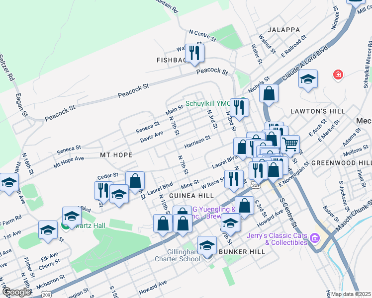 map of restaurants, bars, coffee shops, grocery stores, and more near 623 Harrison St in Pottsville