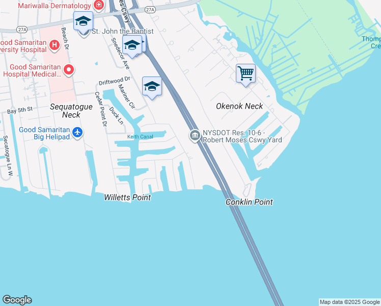 map of restaurants, bars, coffee shops, grocery stores, and more near 115 Anchorage Drive in West Islip