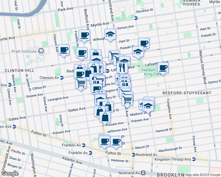 map of restaurants, bars, coffee shops, grocery stores, and more near 237 Lexington Avenue in Brooklyn