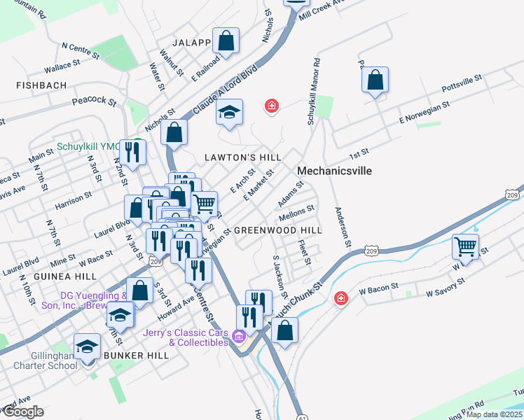 map of restaurants, bars, coffee shops, grocery stores, and more near 12 South Jackson Street in Pottsville
