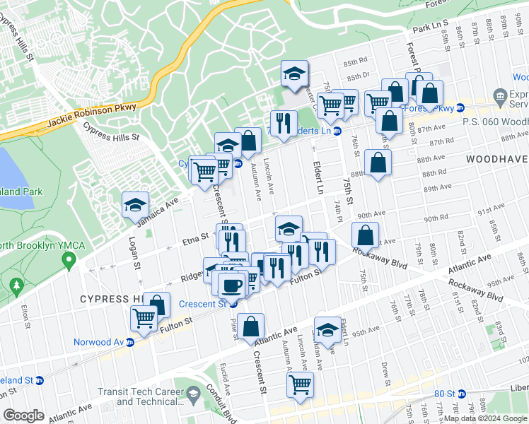 map of restaurants, bars, coffee shops, grocery stores, and more near 349 Etna Street in Brooklyn