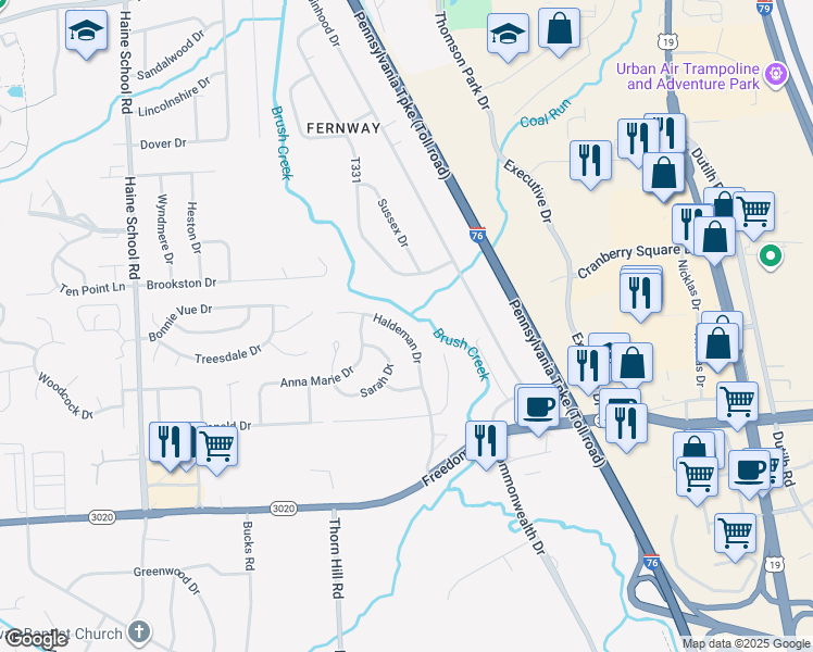 map of restaurants, bars, coffee shops, grocery stores, and more near 322 Haldeman Drive in Cranberry Township