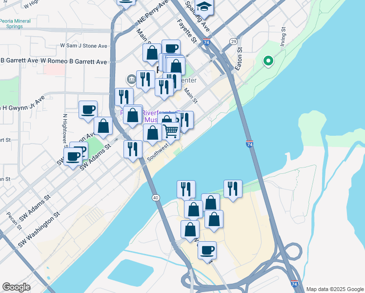 map of restaurants, bars, coffee shops, grocery stores, and more near 32 Liberty Street in Peoria