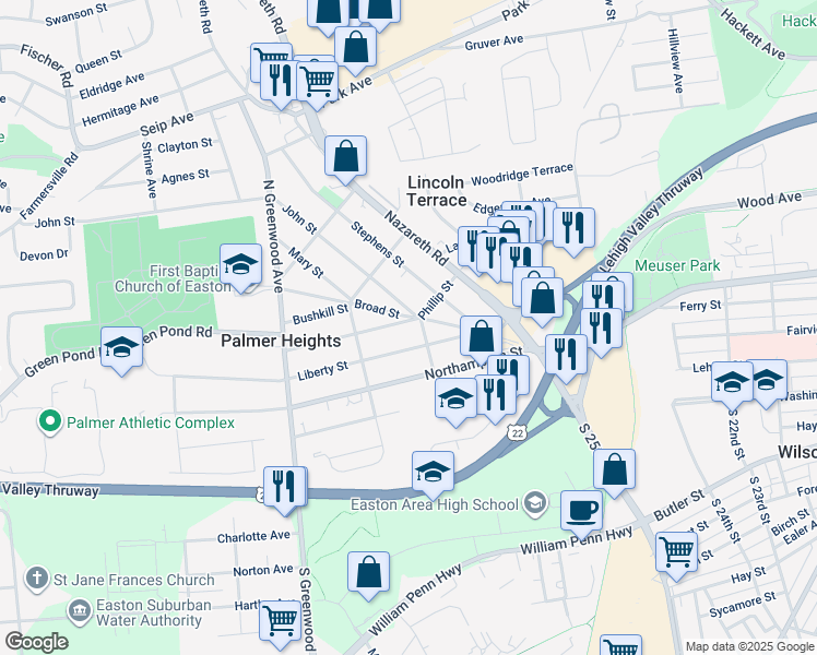 map of restaurants, bars, coffee shops, grocery stores, and more near 2604 Spring Garden Street in Easton