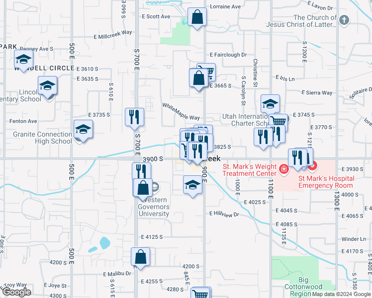 map of restaurants, bars, coffee shops, grocery stores, and more near 848 Bristle Pine Place in Salt Lake City