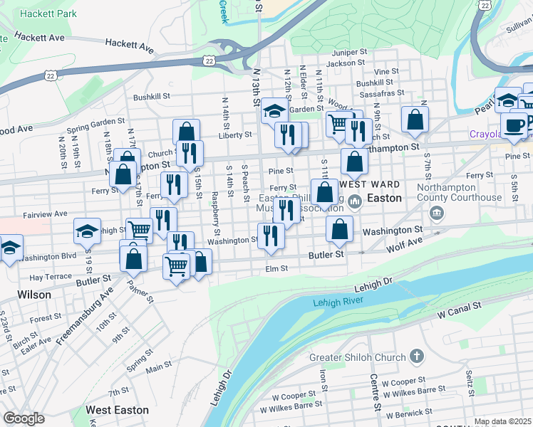 map of restaurants, bars, coffee shops, grocery stores, and more near 142 S 13th St in Easton