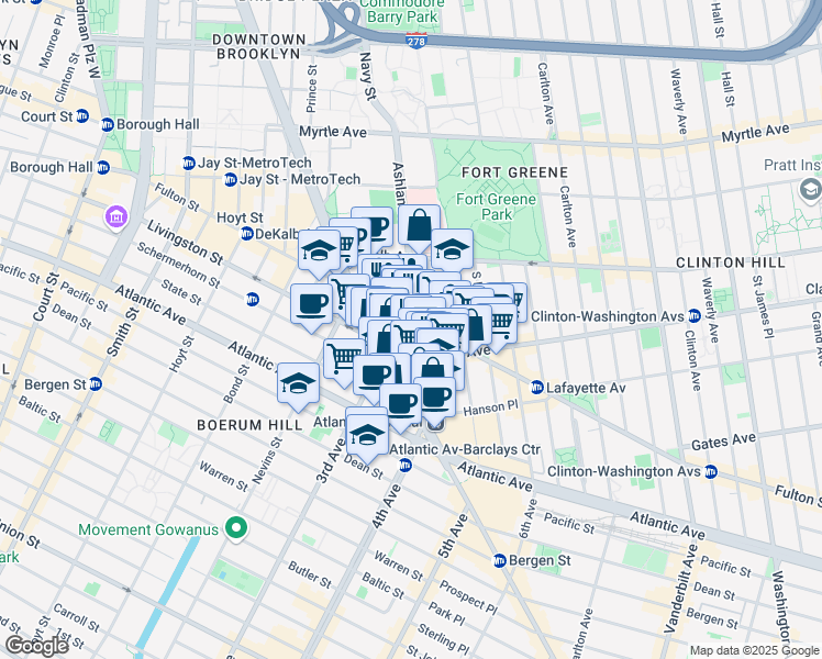 map of restaurants, bars, coffee shops, grocery stores, and more near 250 Ashland Place in Brooklyn