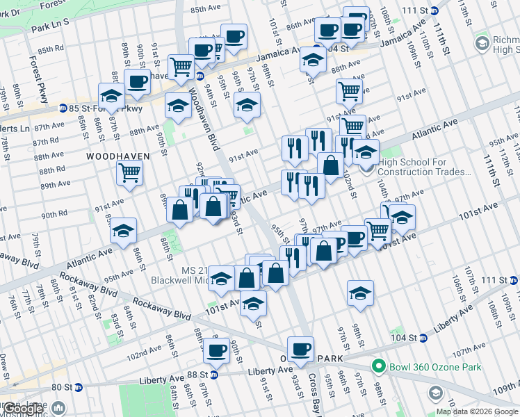 map of restaurants, bars, coffee shops, grocery stores, and more near 9420 95th Street in Queens
