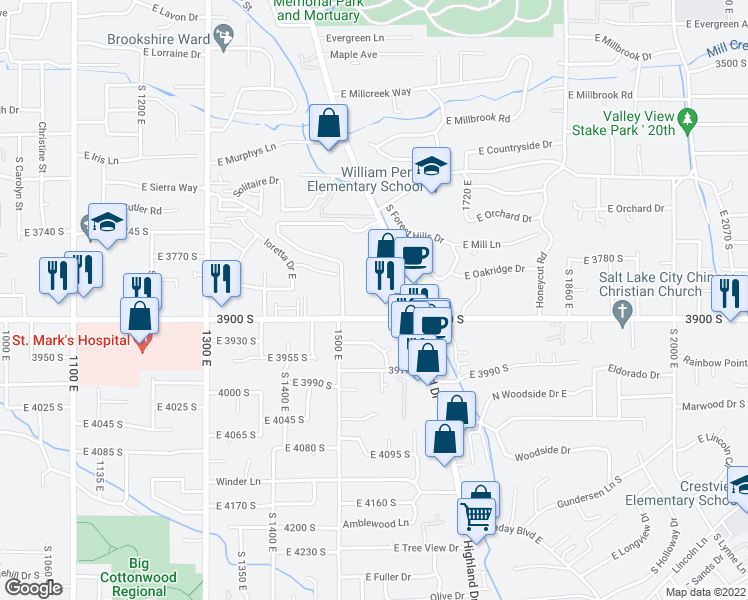 map of restaurants, bars, coffee shops, grocery stores, and more near 1521 East 3900 South in Salt Lake City