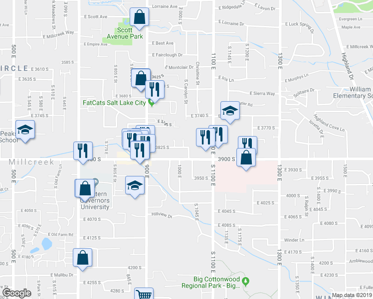 map of restaurants, bars, coffee shops, grocery stores, and more near 1005 East 3900 South in Millcreek