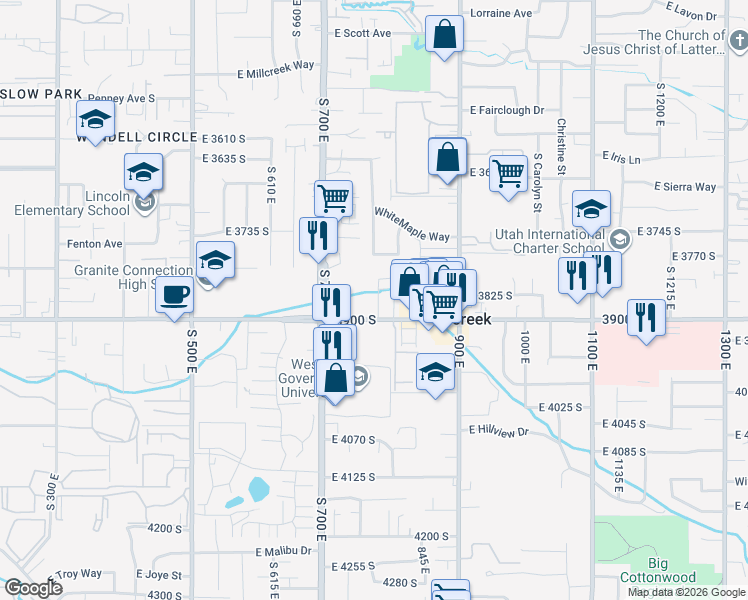 map of restaurants, bars, coffee shops, grocery stores, and more near 777 East 3900 South in Millcreek