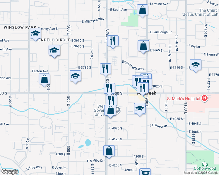 map of restaurants, bars, coffee shops, grocery stores, and more near 3880 South 700 East in South Salt Lake