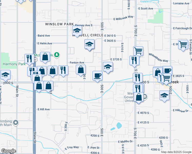 map of restaurants, bars, coffee shops, grocery stores, and more near 3880 500 East in South Salt Lake