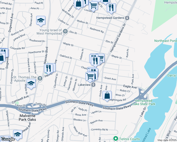 map of restaurants, bars, coffee shops, grocery stores, and more near 376 Charles Street in West Hempstead