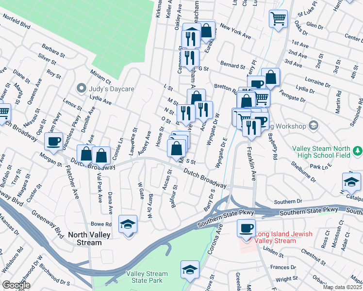 map of restaurants, bars, coffee shops, grocery stores, and more near 756 Meacham Avenue in Elmont