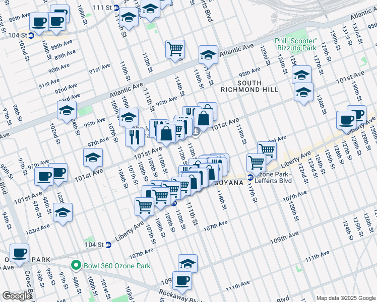 map of restaurants, bars, coffee shops, grocery stores, and more near 101-23 112th Street in Queens