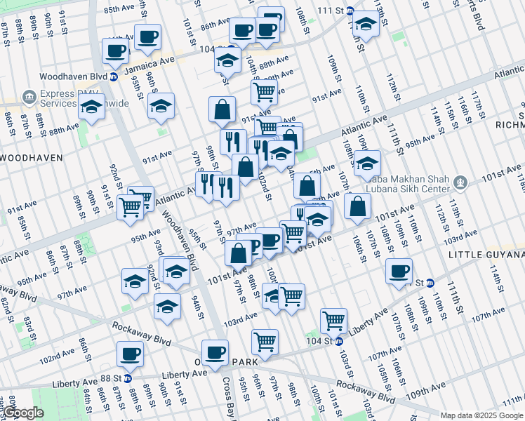 map of restaurants, bars, coffee shops, grocery stores, and more near 101-11 97th Avenue in Queens