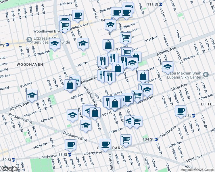 map of restaurants, bars, coffee shops, grocery stores, and more near 95-11 97th Street in Queens
