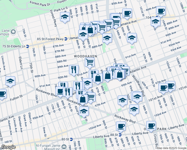 map of restaurants, bars, coffee shops, grocery stores, and more near 91-22 87th Street in Queens