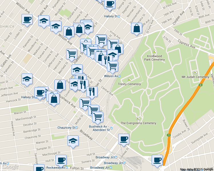 map of restaurants, bars, coffee shops, grocery stores, and more near 655 Central Avenue in Brooklyn