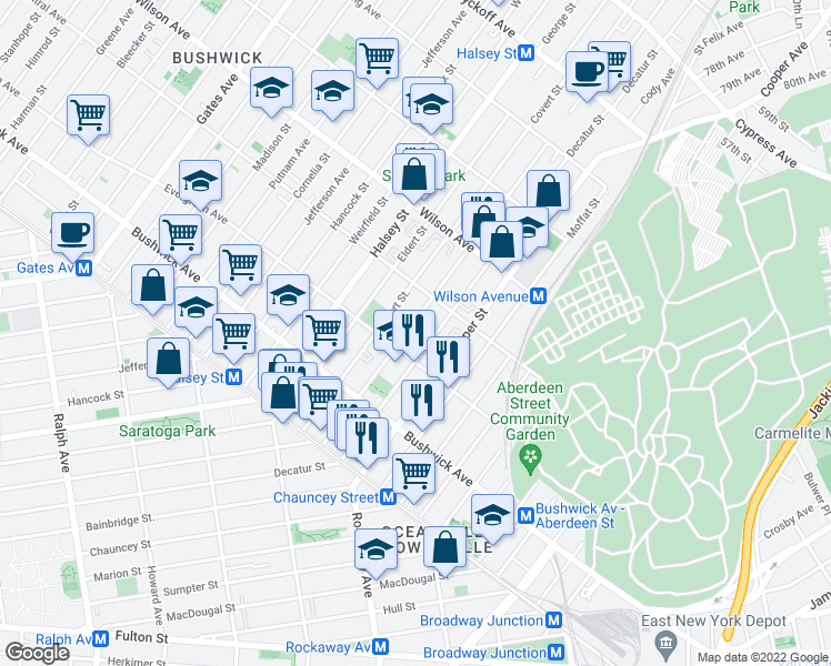 map of restaurants, bars, coffee shops, grocery stores, and more near 116 Schaefer Street in Brooklyn