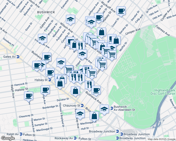 map of restaurants, bars, coffee shops, grocery stores, and more near 116 Schaefer Street in Brooklyn